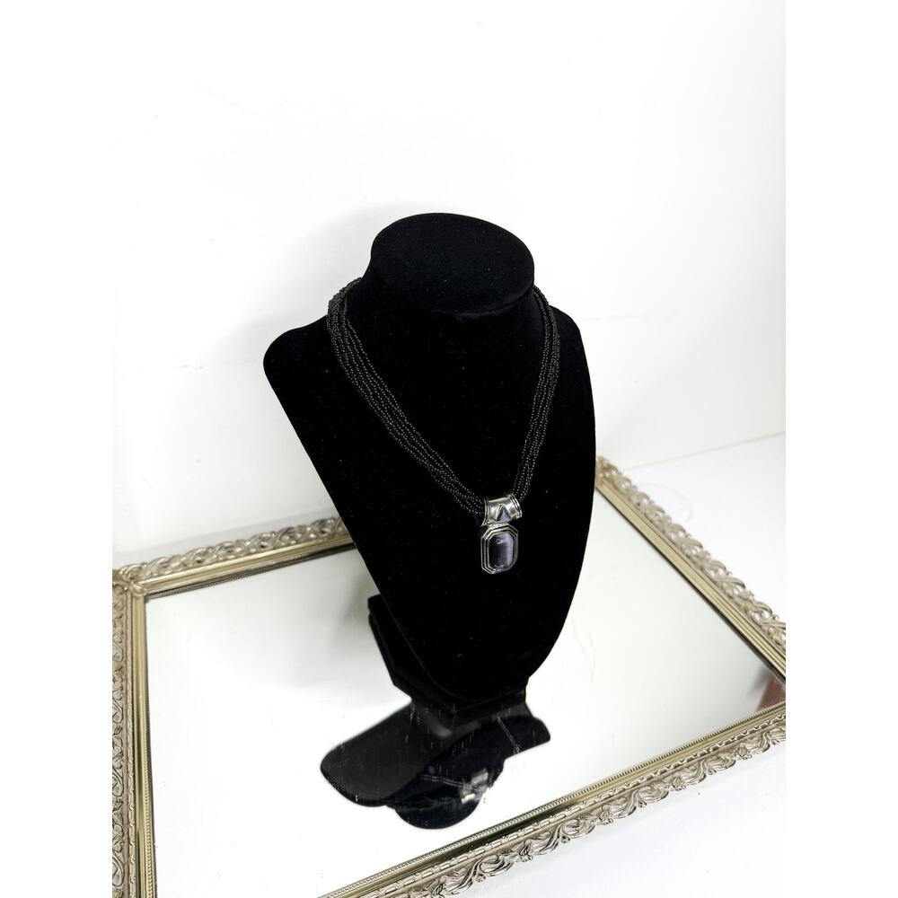Beautiful Vintage Square Black Cat Eye and Silver Necklace Pendant